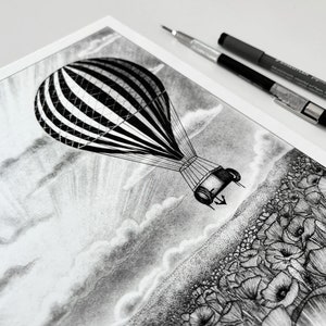 Vintage hot air balloon illustration art print of an old black and white striped hot air balloon flying over a poppy field A5, A4, A3 image 9