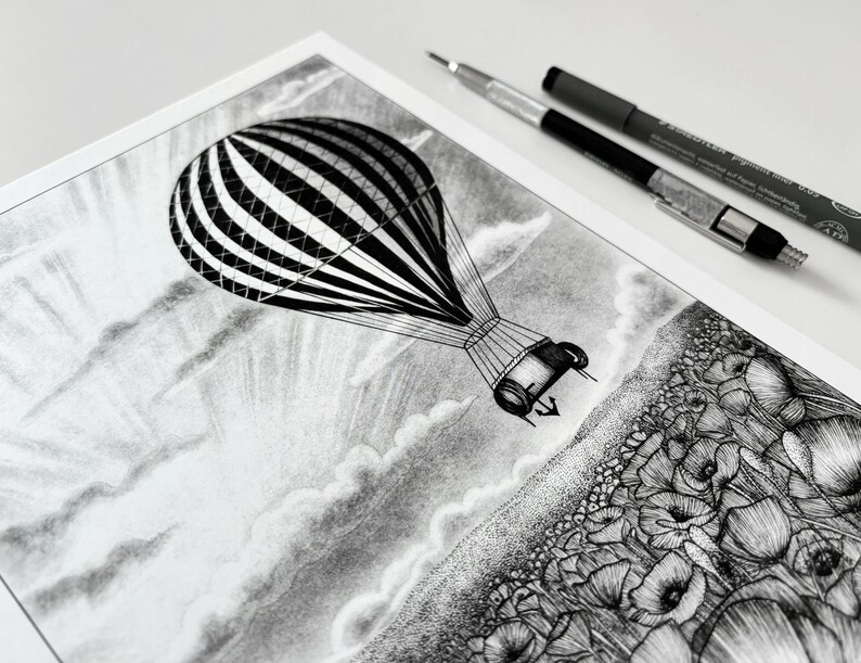 Vintage hot air balloon illustration art print of an old black and white striped hot air balloon flying over a poppy field A5, A4, A3 image 9