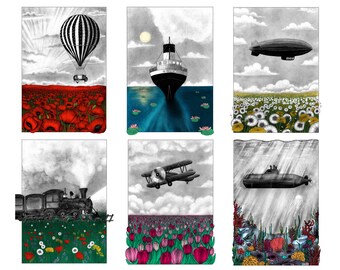 Set of 6 prints of means of transportation of the beginning of the century travelling over colourful fields of flowers and seas - A5, A4, A3