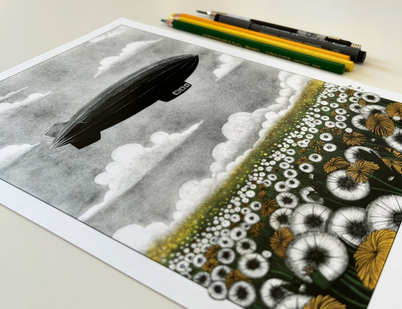 Vintage zeppelin airship over yellow dandelions illustration art print of an old dirigible flying over a dandelions field A5, A4, A3 image 10