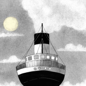 Vintage transatlantic on a blue sea illustration art print of an old Titanic lookalike steam ship sailing with the moonlight A5, A4, A3 image 6