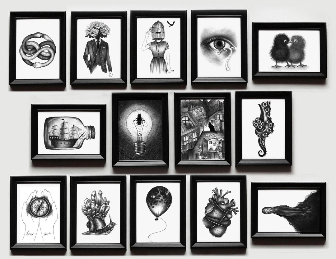 Set of 14 Black and White Prints - Ballpoint Pen Art Drawings With ...
