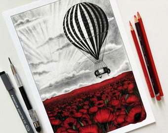 Vintage hot air balloon over red poppies - illustration art print of an old striped hot air balloon flying over a poppy field  - A5, A4, A3