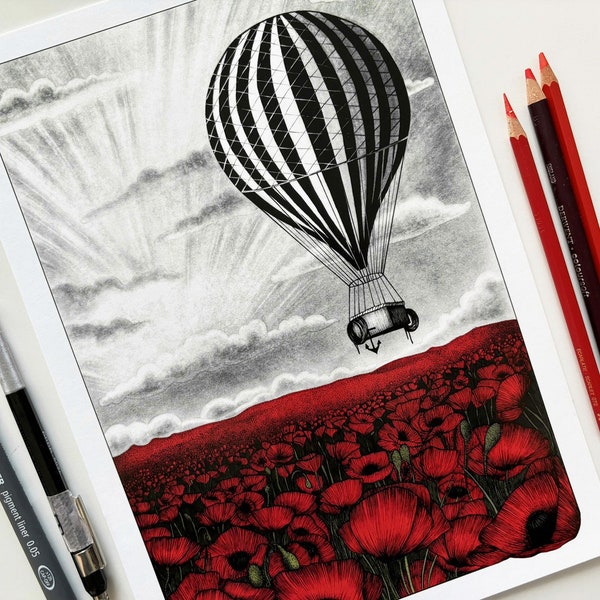 Stampa di mongolfiera con papaveri rossi - illustrazione di mongolfiera vintage a strisce in volo su un campo di papaveri rossi - A5, A4, A3