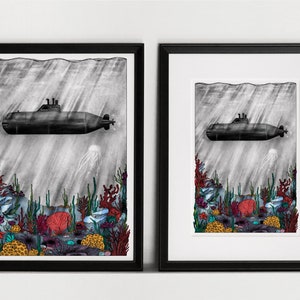 Vintage submarine over a colourful seabed illustration art print of an old submarine sailing under the sea over the sea bed A5, A4, A3 image 5