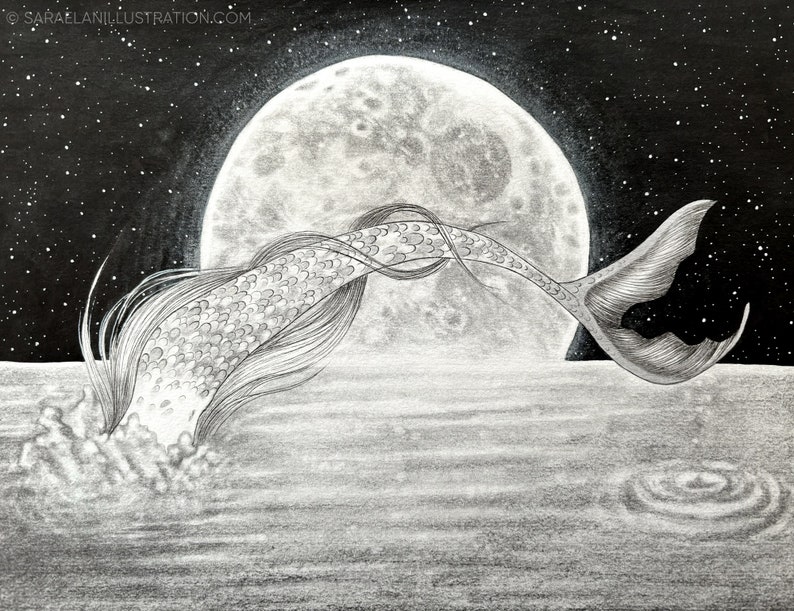 Mermaid original drawing of a mermaid diving into the sea handmade with ink, graphite and shining silver watercolour unique art piece image 8
