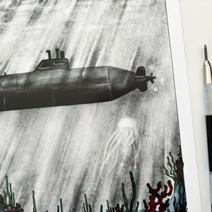 Vintage submarine over a colourful seabed illustration art print of an old submarine sailing under the sea over the sea bed A5, A4, A3 image 2