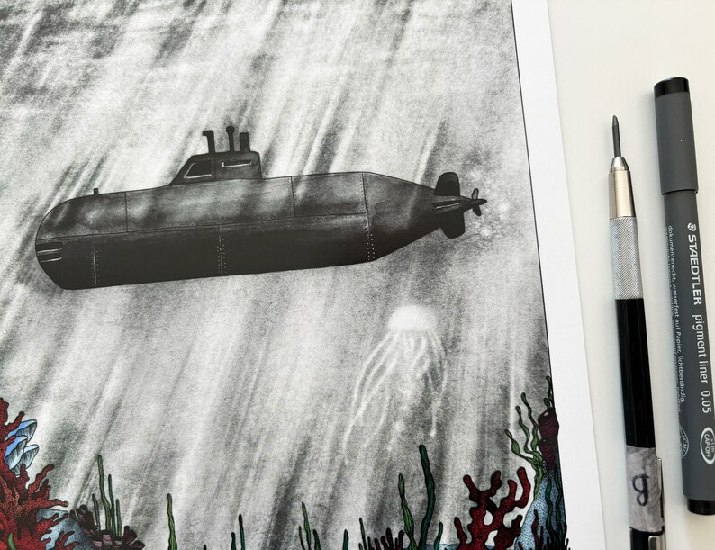 Vintage submarine over a colourful seabed illustration art print of an old submarine sailing under the sea over the sea bed A5, A4, A3 image 2