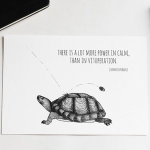 Turtle with quote about keep calm - illustration print of animal with motivational quote metaphor - A5