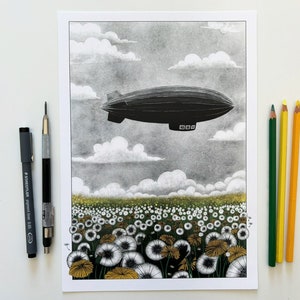 Vintage zeppelin airship over yellow dandelions illustration art print of an old dirigible flying over a dandelions field A5, A4, A3 image 9