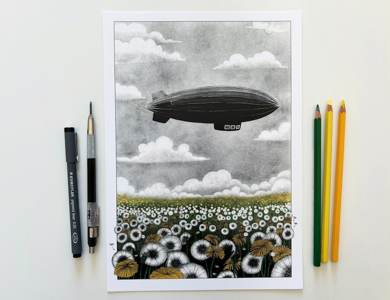 Vintage zeppelin airship over yellow dandelions illustration art print of an old dirigible flying over a dandelions field A5, A4, A3 image 9