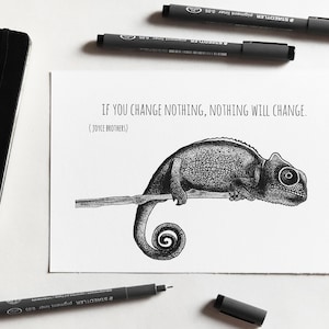 Camaleonte che cambia colore con frase sul cambiamento - illustrazione metaforica di animale con citazione motivazionale - stampa A5