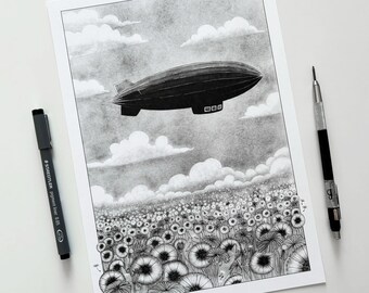 Vintage zeppelin airship - illustration art print of an old black and white dirigible flying over a dandelion field  - A5, A4, A3