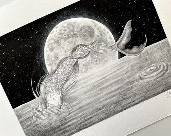 Mermaid - original drawing of a mermaid diving into the sea - handmade with ink, graphite and shining silver watercolour - unique art piece