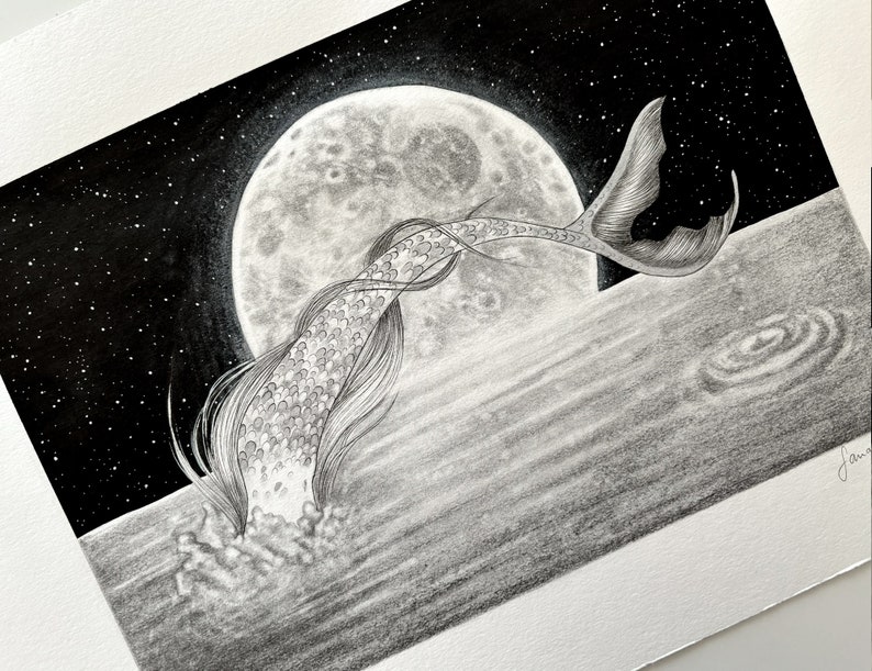 Mermaid original drawing of a mermaid diving into the sea handmade with ink, graphite and shining silver watercolour unique art piece image 1