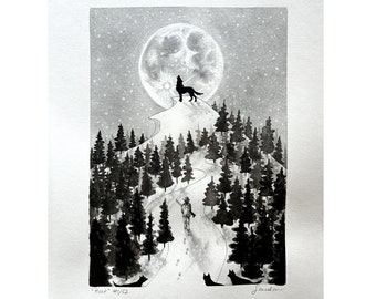 Wolf and hunter - original drawing of a wolf howling to full moon followed by a hunter - handmade with ink and graphite - unique art piece