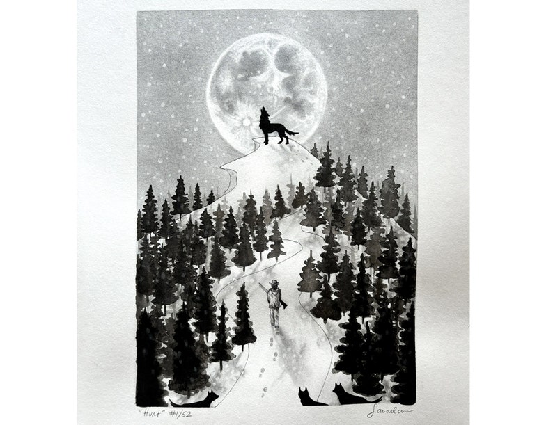 Wolf and hunter original drawing of a wolf howling to full moon followed by a hunter handmade with ink and graphite unique art piece image 1
