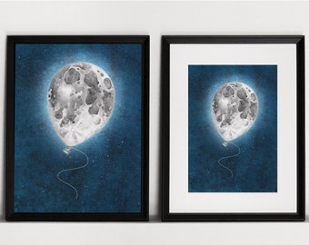 Luna palloncino - stampa di una luna piena disegnata con la forma di un palloncino che vola luminosa in un cielo blu stellato - A5, A4, A3