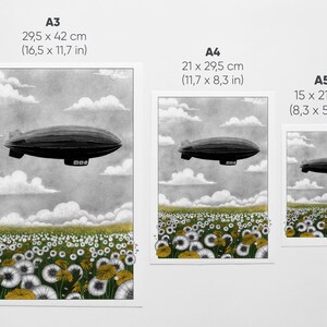 Vintage zeppelin airship over yellow dandelions illustration art print of an old dirigible flying over a dandelions field A5, A4, A3 image 8