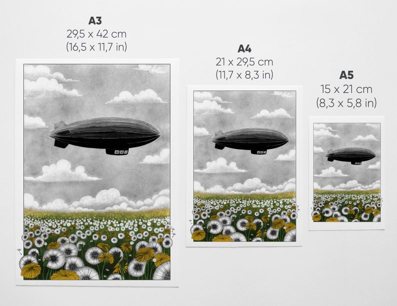 Vintage zeppelin airship over yellow dandelions illustration art print of an old dirigible flying over a dandelions field A5, A4, A3 image 8