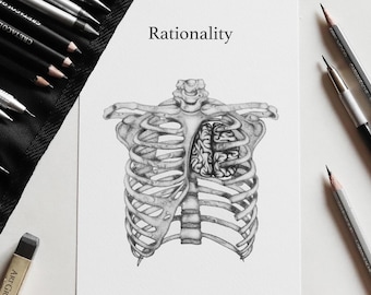 May include: A graphite pencil drawing on white paper featuring a human rib cage with a brain positioned where the heart would typically be. The word Rationality is printed in black text above the anatomical illustration of the bones.