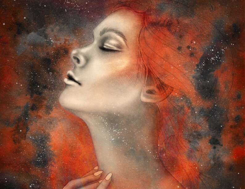 Ragazza in un cielo cosmico di buchi neri stampa di una ragazza infuocata come il sole in un cielo di stelle e buchi neri A5, A4, A3 immagine 3