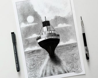 Vintage transatlantic - illustration art print of a black and white Titanic lookalike steam ship sailing over the sea - A5, A4, A3