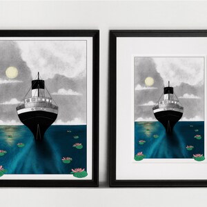 Vintage transatlantic on a blue sea illustration art print of an old Titanic lookalike steam ship sailing with the moonlight A5, A4, A3 image 5