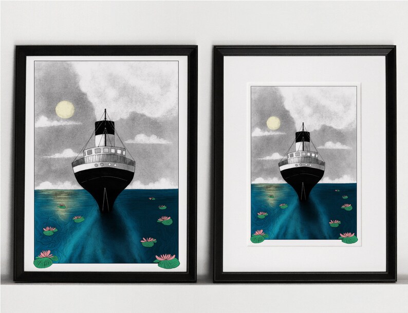 Vintage transatlantic on a blue sea illustration art print of an old Titanic lookalike steam ship sailing with the moonlight A5, A4, A3 image 5