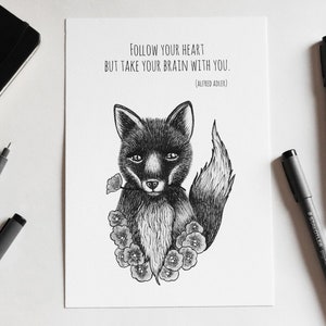Volpe con frase su cuore e cervello - illustrazione metaforica di animale con citazione motivazionale - stampa A5