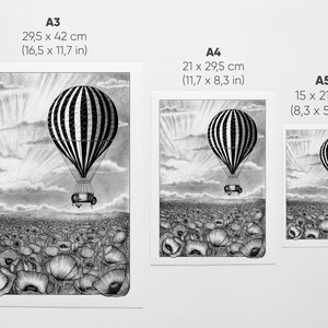 Vintage hot air balloon illustration art print of an old black and white striped hot air balloon flying over a poppy field A5, A4, A3 image 7