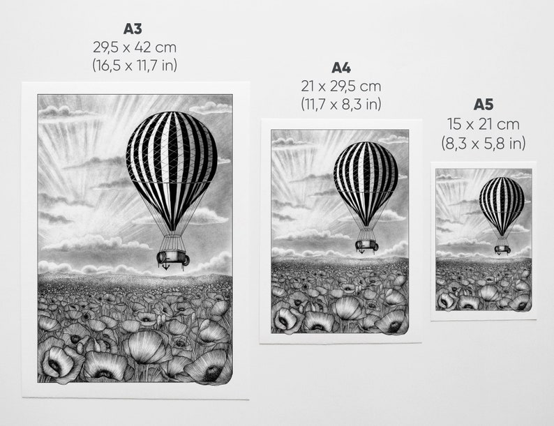 Vintage hot air balloon illustration art print of an old black and white striped hot air balloon flying over a poppy field A5, A4, A3 image 7