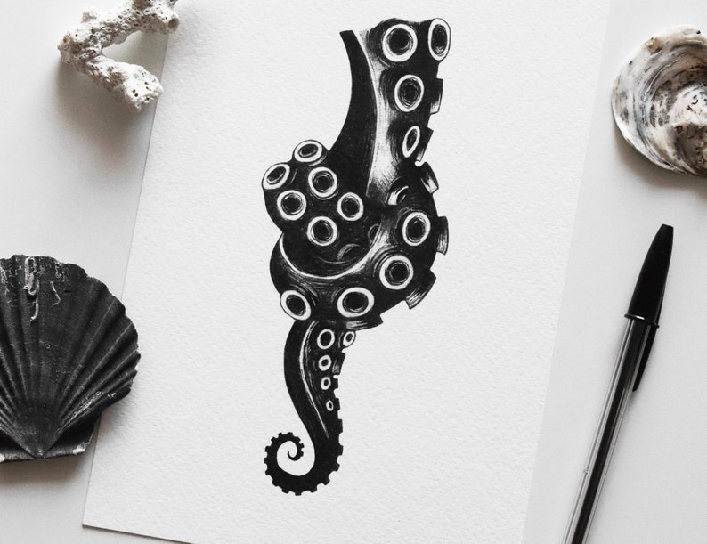 Print Knot illustration of an octopus tentacle with a knot black and white ballpoint pen drawing art print A5, A6 image 2