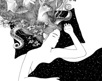 Dreaming - art print illustration of a dreaming girl with all dreams and nightmares in her hair - A5, A4, A3