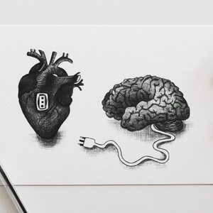Print "Connect" - illustration of heart and brain with electric plug and socket - black and white ballpoint pen drawing art print - A5, A6