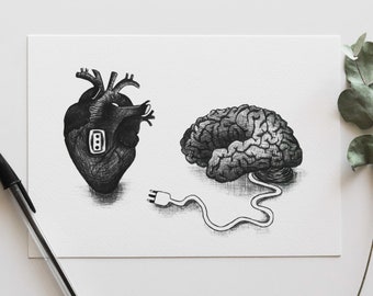 Print "Connect" - illustration of heart and brain with electric plug and socket - black and white ballpoint pen drawing art print - A5, A6