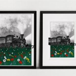 Vintage train in a green wild flowers field illustration art print of an old steam locomotive travelling in the night A5, A4, A3 image 5