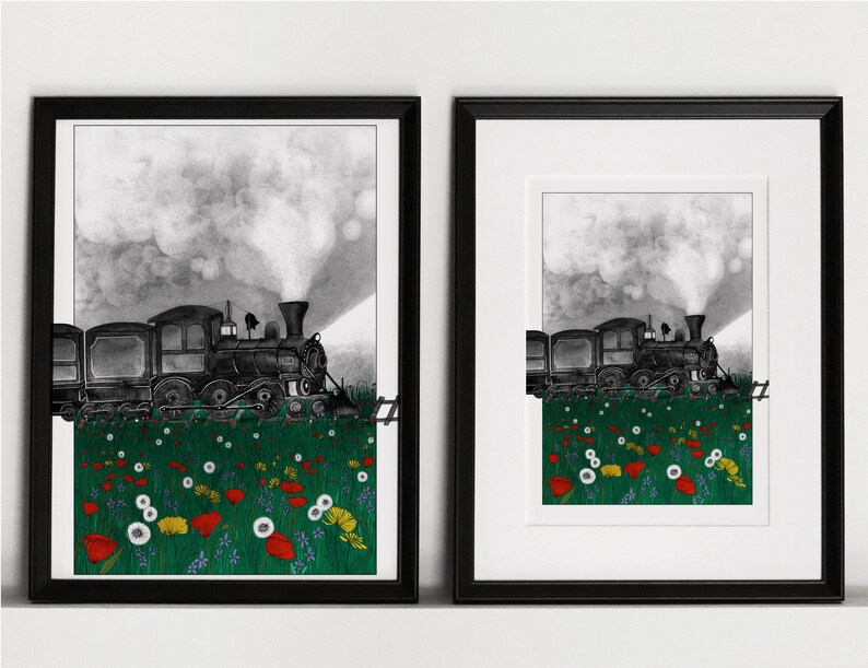 Vintage train in a green wild flowers field illustration art print of an old steam locomotive travelling in the night A5, A4, A3 image 5