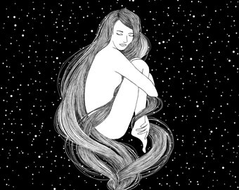 Oblivion - art print illustration of a girl floating in a black night sky full of stars - hand finished thread (gold or silver) - A5, A4, A3