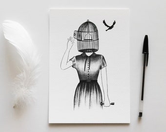 Print "Open" - surreal illustration of a woman with a birdcage instead of the head - black and white ballpoint pen drawing art print A5, A6