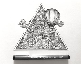 Alchemical symbol of air with hot air balloon - original handmade drawing - ink artwork created during Inktober 2023 - one of a kind art