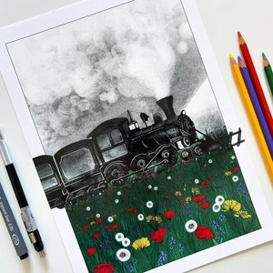 Vintage train in a green wild flowers field illustration art print of an old steam locomotive travelling in the night A5, A4, A3 image 1