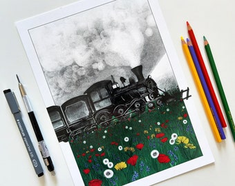 Stampa di treno con prato di fiori - illustrazione di vecchia locomotiva a vapore in viaggio in un campo di fiori colorati - A5, A4, A3