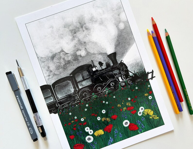 Vintage train in a green wild flowers field illustration art print of an old steam locomotive travelling in the night A5, A4, A3 image 1