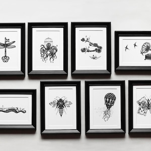Surreal Ink Prints Set of 8 – Vintage Dotwork Illustrations | Gothic Black and White Art