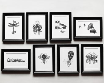Set di 8 stampe in bianco e nero - illustrazioni surreali in inchiostro e dotwork per una composizione vintage di tante cornici - A6, A5, A4