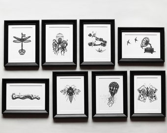 Surreal Ink Prints Set of 8 – Vintage Dotwork Illustrations | Gothic Black and White Art