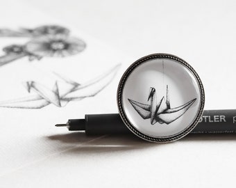 Brooch with origami crane bird drawing - illustrated jewelry - handmade jewel created with printed image