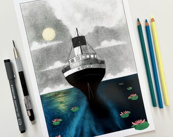 Vintage transatlantic on a blue sea - illustration art print of an old Titanic lookalike steam ship sailing with the moonlight  - A5, A4, A3