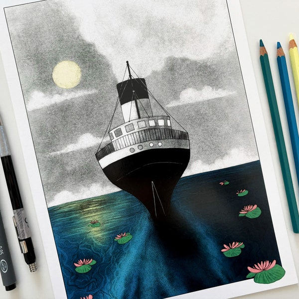 Stampa di transatlantico su mare blu - illustrazione di nave a vapore tipo Titanic in navigazione notturna al chiaro di luna - A5, A4, A3